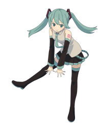 Rule 34 | 1girl, alternate hair length, alternate hairstyle, aqua eyes, aqua hair, aqua nails, aqua necktie, bad id, bad pixiv id, bare shoulders, bent over, black footwear, black skirt, boots, breasts, closed mouth, collared shirt, colored eyelashes, detached sleeves, dot nose, fingernails, floating hair, full body, hair between eyes, hatsune miku, legs apart, light blush, looking at viewer, nail polish, necktie, number tattoo, pleated skirt, shirt, shoulder tattoo, simple background, skirt, sleeveless, sleeveless shirt, small breasts, smile, solo, tareme, tattoo, thigh boots, thighhighs, torla16, twintails, v arms, vocaloid, white background, white shirt, zettai ryouiki