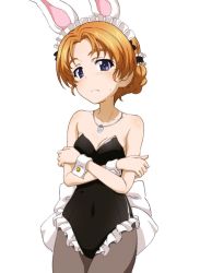 Rule 34 | 1girl, alternate costume, animal ears, bare shoulders, black leotard, blue eyes, blush, braid, breasts, cleavage, crossed arms, detached collar, fake animal ears, frown, girls und panzer, jewelry, key (gaigaigai123), leotard, looking at viewer, maid, maid leotard, necklace, orange hair, orange pekoe (girls und panzer), pantyhose, parted bangs, playboy bunny, rabbit ears, short hair, simple background, solo, strapless, strapless leotard, twin braids, unconventional maid, white background, wrist cuffs