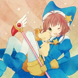 Rule 34 | 1990s (style), 1girl, ;d, ayu (mog), bad id, bad pixiv id, blue hat, boots, brown hair, cardcaptor sakura, costume, fuuin no tsue, gloves, green eyes, hat, kero (cardcaptor sakura), kinomoto sakura, md5 mismatch, one eye closed, open mouth, pantyhose, retro artstyle, short hair, smile, wand, wink