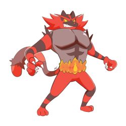Rule 34 | artsy-rc, colored sclera, commentary, creatures (company), english commentary, fang, full body, furry, game freak, gen 7 pokemon, green eyes, grin, highres, incineroar, nintendo, pokemon, pokemon (creature), sharp teeth, signature, simple background, smile, solo, standing, teeth, white background, yellow sclera