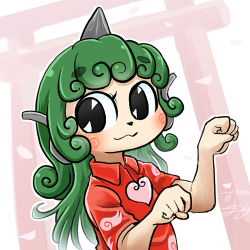 Rule 34 | animal nose, profile picture, chamaji, cloud print, commentary request, curly hair, green eyes, green hair, heart, horns, kariyushi shirt, komano aunn, long hair, lowres, red shirt, shirt, shrine, single horn, solo, touhou, white background