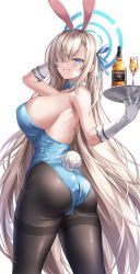 Rule 34 | 1girl, absurdres, alcohol, animal ears, ass, asuna (blue archive), asuna (bunny) (blue archive), back, bare shoulders, blue archive, blue eyes, blue leotard, blush, bnari, bottle, bow, bowtie, breasts, brown pantyhose, cup, detached collar, drinking glass, elbow gloves, fake animal ears, gloves, grin, hair over one eye, halo, highleg, highleg leotard, highres, large breasts, leotard, light brown hair, liquor, long hair, looking at viewer, looking back, mole, mole on breast, pantyhose, playboy bunny, rabbit ears, rabbit tail, smile, solo, thighs, traditional bowtie, tray, very long hair, white gloves