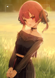 Rule 34 | 1girl, bare shoulders, belt, blush, breasts, cleavage, collar, collarbone, grass, hana mori, heterochromia, highres, hololive, houshou marine, long sleeves, looking at viewer, medium breasts, medium hair, midriff, nature, open mouth, outdoors, red eyes, red hair, see-through, see-through cleavage, skirt, smile, solo, standing, twintails, virtual youtuber, yellow eyes