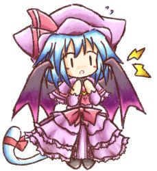 Rule 34 | 1girl, animal ears, bad id, bad pixiv id, bat wings, blue hair, cat ears, cat girl, cat tail, chibi, female focus, full body, hat, remilia scarlet, simple background, solo, tail, tilde (ice cube), touhou, white background, wings