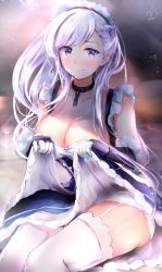 Rule 34 | 1girl, apron, azur lane, bad id, bad pixiv id, belfast (azur lane), blue eyes, blush, braid, breasts, chain, cleavage, collar, collarbone, dress, french braid, frills, gloves, highres, large breasts, long hair, looking at viewer, maid, maid headdress, neofreet, silver hair, smile, solo, white gloves