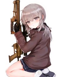 Rule 34 | 1girl, ankle socks, bad id, bad pixiv id, black gloves, blue skirt, blush, bolt action, brown eyes, brown hair, brown jacket, cheytac m200, closed mouth, commentary, dokomon, girls&#039; frontline, gloves, gun, hair between eyes, head tilt, highres, holding, holding gun, holding weapon, jacket, long hair, long sleeves, looking at viewer, looking to the side, m200 (girls&#039; frontline), name connection, object namesake, pleated skirt, rifle, simple background, sitting, skirt, sniper rifle, socks, soles, solo, wariza, weapon, white background, white socks