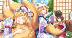 Rule 34 | 3girls, :o, animal ear fluff, animal ears, animal hat, armband, blonde hair, blue sky, blush, bobby socks, bow, bowtie, brown eyes, brown hair, cat ears, cat tail, chen, closed eyes, cloud, commentary request, day, dress, drooling, earrings, fox tail, hair brush, hand on another&#039;s hat, hat, hat ribbon, highres, holding, holding brush, hugging another&#039;s tail, indoors, jewelry, kirisita, long hair, long sleeves, looking at another, looking down, mob cap, multiple girls, multiple tails, open door, open mouth, red skirt, red vest, removing hat, ribbon, shirt, short hair, shouji, single earring, skirt, sky, sliding doors, socks, tabard, tail, tail brushing, hugging tail, tatami, touhou, tree, very long hair, vest, white dress, white headwear, white legwear, white shirt, yakumo ran, yakumo yukari, yellow bow, yellow bowtie, yellow eyes, yellow tail