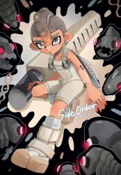 Rule 34 | 1boy, agent 8 (splatoon), battering lento, black background, bodysuit, boots, brown hair, commentary request, copyright name, dated, earrings, fish, fish skeleton, full body, glint, glowing, glowing eyes, gradient hair, grey eyes, grey hair, highres, holding, holding sword, holding weapon, hoop earrings, ink tank (splatoon), jelleton, jewelry, looking at viewer, male focus, marching andante, mohawk, multicolored hair, nbiqk6, nintendo, octoling, octoling boy, octoling player character, parted lips, red eyes, short hair, signature, sleeveless, sleeveless bodysuit, socks, splatana stamper (splatoon), splatoon (series), splatoon 3, splatoon 3: side order, standing, standing on one leg, swarming languendo, sword, tentacle hair, thick eyebrows, two-tone background, two-tone hair, v-shaped eyebrows, weapon, white background, white bodysuit, white footwear, white socks
