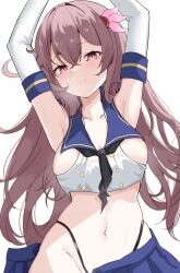 Rule 34 | 1girl, absurdres, armpits, arms up, black neckerchief, black panties, blue sailor collar, blue skirt, blush, calin, closed mouth, collarbone, crop top, elbow gloves, gloves, groin, hair between eyes, hair ornament, highleg, highleg panties, highres, kantai collection, kisaragi (kancolle), long hair, looking at viewer, navel, neckerchief, panties, purple eyes, purple hair, sailor collar, school uniform, serafuku, shimakaze (kancolle), simple background, skirt, sleeveless, solo, underwear, upper body, white background