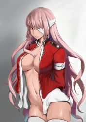 Rule 34 | 1girl, absurdres, bandage over one eye, bandages, blush, breasts, ccarrot, cleavage, fate/grand order, fate (series), female focus, florence nightingale (fate), florence nightingale (third ascension) (fate), highres, large breasts, long hair, looking at viewer, military, military uniform, no bra, no panties, one eye covered, open clothes, pink hair, red eyes, solo, thighhighs, uniform, white thighhighs
