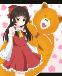 Rule 34 | 1girl, :/, :3, amayadori machi, ascot, bare shoulders, bear, blunt bangs, blush, bow, brown hair, closed mouth, collared shirt, commentary request, cosplay, cowboy shot, embarrassed, flat chest, frilled bow, frilled shirt collar, frilled skirt, frills, hair bow, hair tubes, hakurei reimu, hakurei reimu (cosplay), heart, heart background, highres, kumai natsu, kumamiko, long hair, looking at another, looking at viewer, open mouth, red bow, red shirt, red skirt, ribbon-trimmed sleeves, ribbon trim, sarashi, shimada (simasimasaba), shirt, skirt, skirt set, sleeveless, sleeveless shirt, standing, touhou, trait connection, two-tone background, yellow ascot