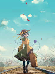 Rule 34 | 1girl, absurdres, balloon, black footwear, black hat, blouse, blue flower, blue socks, boots, bow, closed mouth, cloud, commentary request, corset, day, eyebrows hidden by hair, flower, frilled shirt collar, frilled skirt, frilled sleeves, frills, grass, green eyes, green hair, green skirt, hair between eyes, hat, hat bow, hat ribbon, heart, heart of string, highres, holding, holding suitcase, kneehighs, komeiji koishi, leaf, long sleeves, looking at viewer, looking back, nemophila (flower), outdoors, railroad tracks, revision, ribbon, shirt, short hair, skirt, sky, smile, socks, solo, suitcase, tami (joemanyodw), third eye, touhou, tree, walking, wide sleeves, yellow bow, yellow ribbon, yellow shirt