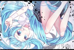 Rule 34 | 1girl, @ @, aqua eyes, aqua hair, bandages, bandaged arm, bandages, bandaid, black skirt, commentary, forehead, frown, hatsune miku, highres, letterboxed, long hair, looking at viewer, nanairomadani, panties, pleated skirt, rolling girl (vocaloid), shirt, skirt, solo, twintails, underwear, upside-down, very long hair, vocaloid, white panties, white shirt