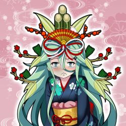 Rule 34 | 10s, 1girl, 3:, :&lt;, bamboo, bow, commentary request, crying, crying with eyes open, green eyes, green hair, hair between eyes, hair bow, hair ornament, hair ribbon, hairclip, japanese clothes, kadomatsu, kantai collection, kimono, long hair, looking at viewer, obi, ribbon, sash, solo, tears, tk8d32, yamakaze (kancolle)