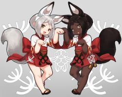 Rule 34 | 2girls, :d, animal ears, arm up, bad id, bad pixiv id, black footwear, blush, brown eyes, brown hair, chibi, commentary request, dark-skinned female, dark skin, facial mark, fang, final fantasy, final fantasy xiv, fox ears, fox girl, fox tail, grey background, hand up, highres, japanese clothes, kimono, lalafell, long sleeves, multicolored clothes, multicolored kimono, multiple girls, open mouth, paw pose, red kimono, sakura chiyo (konachi000), sandals, short kimono, silver hair, smile, standing, standing on one leg, star (symbol), symmetrical pose, tail, tail raised, whisker markings, white kimono, wide sleeves, zouri