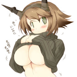 Rule 34 | 10s, 1girl, breasts, brown hair, clothes lift, green eyes, huge breasts, kantai collection, looking at viewer, mutsu (kancolle), ribbed sweater, sakaki (noi-gren), short hair, solo, sweater, sweater lift, translation request, turtleneck, underboob