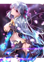 Rule 34 | 1girl, ass, aura, bare shoulders, blush, bracelet, breasts, detached sleeves, dress, earrings, fate/grand order, fate (series), flower, from side, glint, glowing, hair between eyes, hair ornament, hair ribbon, hane yuki, highres, jewelry, kama (fate), kama (third ascension) (fate), light particles, looking at viewer, outside border, petals, purple dress, purple flower, purple rose, red eyes, red ribbon, ribbon, rose, short hair, sideboob, silver hair, sleeveless, sleeveless dress, solo, thighhighs