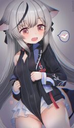 Rule 34 | 1girl, @ @, animal ears, blue archive, brown eyes, clenched hands, commentary request, copyright request, grey background, grey hair, hair between eyes, highres, jacket, kokona (blue archive), navel, no panties, open mouth, panties, saebashi, solo, sweat, tears, underwear