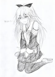 Rule 34 | 1girl, bare shoulders, between legs, blush, choker, detached sleeves, embarrassed, female focus, full body, greyscale, hair ornament, hair ribbon, hairclip, half-closed eyes, hand between legs, have to pee, highres, kantai collection, kneeling, knees together feet apart, long hair, long sleeves, monochrome, nabuki32, neckerchief, own hands together, pleated skirt, ponytail, ribbon, school uniform, shirt, shoes, simple background, skirt, sleeveless, sleeveless shirt, solo, sweat, tears, text focus, thighhighs, traditional media, translated, trembling, v arms, white background, yamakaze (kancolle)