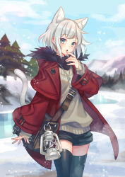 Rule 34 | 1girl, :o, animal ear fluff, animal ears, bag, belt buckle, black shorts, black thighhighs, blue eyes, buckle, cat ears, cloud, coat, commentary request, day, extra ears, finger to mouth, forest, frozen lake, highres, jacket, lantern, mountainous horizon, nature, original, outdoors, pine tree, red jacket, short hair, short shorts, shorts, shoulder bag, sky, snow, snowing, suzaku (zaku6584), sweater, thighhighs, tree, whistle, whistle around neck, white hair, winter, winter clothes, winter coat