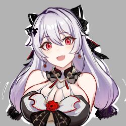 Rule 34 | 1girl, :d, bare shoulders, bat hair ornament, breasts, cleavage, commentary, dress, earrings, english commentary, fang, flower, grey background, hair between eyes, hair ornament, highres, honkai (series), honkai impact 3rd, jewelry, large breasts, long hair, looking at viewer, theresa apocalypse (luna kindred), mini2chainz, open mouth, red eyes, red flower, red rose, rose, simple background, skin fang, sleeveless, sleeveless dress, smile, solo, theresa apocalypse, theresa apocalypse (lunar vow: crimson love), upper body, white hair