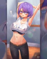 Rule 34 | 1girl, absurdres, artist logo, bare arms, belt, black pants, blonde hair, blush, bra, breasts, character name, clothes writing, collarbone, colored inner hair, commentary, cowboy shot, crop top, dot nose, earrings, english commentary, english text, eyes visible through hair, floor, glasses, groin, highres, holding own arm, hololive, hololive indonesia, impossible clothes, impossible shirt, indoors, jewelry, large breasts, leather, leather pants, legs apart, midriff, moona hoshinova, moona hoshinova (casual), multicolored hair, navel, official alternate costume, official alternate hair length, official alternate hairstyle, outline, pants, parted lips, perky breasts, pipiron, purple-framed eyewear, purple eyes, purple hair, purple pupils, see-through, shirt, short hair, solo, standing, star (symbol), star earrings, stretching, sweat, swept bangs, t-shirt, underwear, virtual youtuber, white shirt, wooden floor