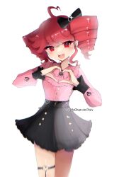 Rule 34 | 1girl, absurdres, ahoge, black skirt, blurry, blush, bow, buttons, depth of field, drill hair, earrings, fangs, frills, hair bow, hair ornament, heart, heart ahoge, heart hands, highres, jewelry, jirai kei, kasane teto, looking at viewer, open mouth, pink shirt, red eyes, red hair, shirt, skellychan, skirt, smile, twin drills, utau, white background, x hair ornament