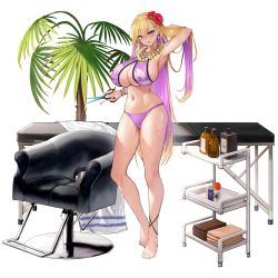 Rule 34 | 1girl, anklet, arm behind head, armpits, bangs, barber chair, barefoot, bikini, blonde hair, blue nails, boryeon (last origin), bracelet, breasts, cart, chair, cleavage, colored inner hair, covered erect nipples, ear piercing, earrings, flower, full body, game cg, gyaru, hair between eyes, hair flower, hair ornament, halterneck, heart, hibiscus, highres, holding, holding scissors, huge breasts, jewelry, kirome (kamipaper), kogal, last origin, leaf print, leather chair, lei, long hair, looking at viewer, lotion bottle, massage table, mole, mole on breast, multicolored hair, multicolored nails, nail polish, navel, official alternate costume, official art, palm tree, piercing, purple bikini, purple eyes, purple hair, purple nails, razor blade, red flower, red nails, scissors, simple background, skindentation, skull and crossbones, sling bikini top, smile, solo, standing, sweat, swimsuit, tachi-e, towel, transparent background, tree, very long hair, yellow nails