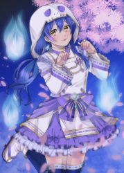 Rule 34 | 1girl, blue hair, bridal gauntlets, cowboy shot, earrings, frills, ghost, ghost costume, highres, hood, hood up, japanese clothes, jewelry, kimono, long hair, long sleeves, looking at viewer, love live!, love live! school idol project, nail polish, ponytail, solo, sonoda umi, swept bangs, thighhighs, tongue, tongue out, yellow eyes