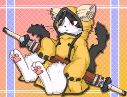 Rule 34 | 1boy, animal ears, arc system works, bad id, bad pixiv id, barefoot, blazblue, blush, cat, cat ears, cat tail, eyepatch, feet, furry, furry male, hood, jubei (blazblue), male focus, pawpads, red eyes, sheath, soles, solo, sword, tail, toes, weapon