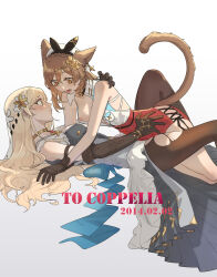 Rule 34 | 2girls, absurdres, animal ears, atelier (series), atelier ryza, atelier ryza 2, black pantyhose, blonde hair, blue ribbon, blush, braid, breasts, brown eyes, brown gloves, brown hair, cat ears, cat tail, chinese commentary, commentary request, dated, dress, elbow gloves, fang, flower, french braid, gloves, gold choker, gradient background, grey background, grey dress, hair flower, hair ornament, hand on another&#039;s waist, highres, kemonomimi mode, klaudia valentz, long hair, lying, medium hair, multiple girls, nipples, on back, open clothes, open mouth, open shirt, pantyhose, parted lips, red skirt, reisalin stout, ribbon, shirt, skirt, small breasts, sweatdrop, tail, tuxiaoning not, white background, white flower, white shirt, yuri