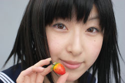 Rule 34 | awatsuki anzu, cosplay, food, fruit, ichigo 100 percent, photo (medium), school uniform, serafuku, strawberry, toujou aya