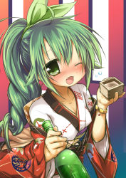 Rule 34 | 1girl, ;d, ahoge, alcohol, blush, bottle, bow, bracelet, drunk, flower knight girl, green bow, green eyes, green hair, hair bow, highres, holding, holding bottle, hop (flower knight girl), izumi yukiru, japanese clothes, jewelry, kimono, long hair, looking at viewer, masu, one eye closed, open mouth, ponytail, print kimono, sake, smile, solo, striped, striped background, vertical stripes, wine bottle