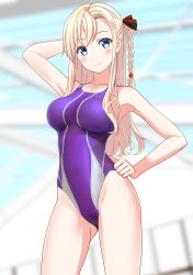 Rule 34 | 1girl, absurdres, blonde hair, blue eyes, blurry, braid, breasts, commentary request, competition swimsuit, contrapposto, cowboy shot, depth of field, gluteal fold, hand on own hip, high school fleet, highleg, highleg swimsuit, highres, indoors, large breasts, long hair, looking at viewer, one-piece swimsuit, purple one-piece swimsuit, single braid, solo, standing, swimsuit, takafumi, wilhelmina braunschweig ingenohl friedeburg