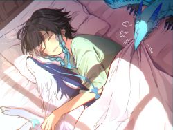 Rule 34 | 1boy, andrius (genshin impact), androgynous, bed sheet, black hair, blanket, blue hair, blush, braid, chiroron, closed eyes, commentary request, dragon, dvalin (genshin impact), genshin impact, gradient hair, green shirt, highres, lying, male focus, multicolored hair, on side, open mouth, pillow, shirt, short hair with long locks, short sleeves, side braids, sidelocks, sleeping, solo, twin braids, venti (genshin impact), wolf