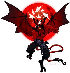 Rule 34 | 1boy, artist name, bat wings, black hair, clawed gauntlets, claws, colored skin, commentary, crossover, deer-head, demon, demon boy, demon horns, demon tail, demon wings, devilman, devilman (character), devilman crybaby, english commentary, eyebrows, fangs, fins, full body, fusion, gauntlets, hair wings, head fins, head wings, hellboy, hellboy (comic), highres, horns, large wings, male focus, moon, navel, no pupils, red moon, red skin, short hair, sideburns, signature, tail, tattoo, transparent background, wings, yellow eyes