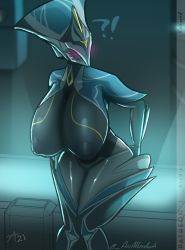 Rule 34 | 1girl, arcafterdark, banshee (warframe), blush, breasts, colored skin, exclamation mark, hands on own ass, highres, knees together feet apart, large areolae, large breasts, large nipples, multicolored skin, nipples, question mark, signature, solo, warframe