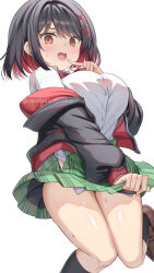 1girl black_hair black_jacket blush breasts brown_footwear collared_shirt colored_inner_hair commentary_request fang green_skirt hair_ornament jacket large_breasts long_sleeves looking_at_viewer multicolored_hair open_mouth original plaid_clothes plaid_skirt pleated_skirt red_eyes red_hair sanshoku_amido school_uniform shirt short_hair sidelocks simple_background skirt solo thighs twitter_username white_background white_shirt x_hair_ornament