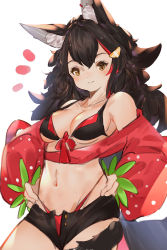 Rule 34 | 1girl, :3, adapted costume, alternate costume, animal ear fluff, animal ears, backlighting, bikini, black bikini, black hair, black shorts, blush, breasts, cleavage, closed mouth, commentary, cowboy shot, eyelashes, food print, hair between eyes, hair ornament, hands on own hips, hololive, jacket, long hair, looking at viewer, majo (pastamajo), medium breasts, midriff, multicolored hair, navel, off-shoulder jacket, off shoulder, ookami mio, red bikini, red hair, red jacket, short shorts, shorts, simple background, smile, solo, strawberry print, streaked hair, swimsuit, tail, tail wrap, two-tone hair, underboob, virtual youtuber, white background, wolf ears, wolf tail, yellow eyes