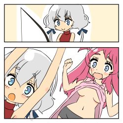 Rule 34 | 10s, 2girls, 2koma, accident, accidental exposure, arms up, bare shoulders, blue eyes, blush, blush stickers, bow, breasts, clothes lift, comic, dutch angle, fishing rod, grey hair, hair bow, highres, konno junko, large breasts, long hair, minamoto sakura, multiple girls, navel, no bra, open mouth, red hair, shorts, smile, standing, surprised, tekisui, underboob, upper body, zombie, zombie land saga