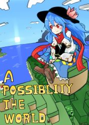 Rule 34 | 1girl, bad id, bad pixiv id, bird, blue hair, bow, chicken, cloud, creeper, day, enderman, english text, engrish text, flower, hat, hat flower, highres, hinanawi tenshi, judo fuu, long hair, minecraft, ranguage, red eyes, scarf, skeleton (minecraft), skirt, sky, smile, solo, steve (minecraft), touhou, villager (minecraft), water
