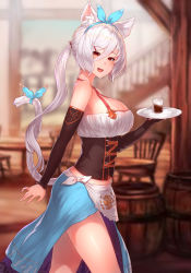 Rule 34 | 1girl, :d, absurdres, animal ear fluff, animal ears, apron, bare shoulders, black sleeves, bow hairband, breasts, cat ears, cat girl, cat tail, cleavage, corset, detached sleeves, eyelashes, from side, hair between eyes, hair ornament, hairband, hairclip, highres, holding, holding tray, king&#039;s raid, kirze, large breasts, light blush, long hair, long skirt, looking at viewer, open mouth, ponytail, red eyes, ribbon, side slit, silver hair, skirt, smile, solo, tail, tail ornament, tail ribbon, tray, underbust, waist apron, waitress, yu mochi (kamiinu)