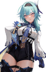 Rule 34 | 1girl, black gloves, black hairband, blue cape, blue hair, blue necktie, blush, boots, breasts, cape, chest harness, clothing cutout, eula (genshin impact), genshin impact, gloves, hair ornament, hairband, hand on own hip, harness, high-waist shorts, highres, junmin, large breasts, long sleeves, medium hair, necktie, puffy long sleeves, puffy sleeves, shorts, shoulder cutout, simple background, solo, thigh boots, thighs, vision (genshin impact), white background, white sleeves, yellow eyes