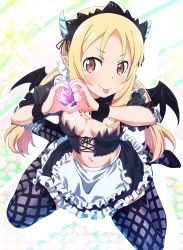 Rule 34 | 1girl, apron, black hairband, black ribbon, black skirt, black wings, blonde hair, blush, breasts, brown eyes, choker, cleavage, corset, demon wings, eromanga sensei, fake horns, floating hair, frilled apron, frilled skirt, frills, full body, grin, hair ribbon, hairband, heart, heart hands, highres, horns, kneeling, long hair, looking at viewer, makicha (sasurainopink), miniskirt, mouth hold, navel, pointy ears, ribbon, skirt, small breasts, smile, solo, stomach, strapless, thighhighs, twintails, waist apron, white apron, wings, wristband, yamada elf