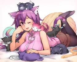 Rule 34 | 1girl, :3, ;d, = =, ahoge, animal, animal ears, animal on head, animal on shoulder, bell, black pantyhose, blush, breasts, cat, cat ears, cat tail, fang, feet, female focus, fish, ge-b, jingle bell, large breasts, pantyhose under shorts, long hair, looking at viewer, lying, no shoes, on head, on stomach, one eye closed, open mouth, original, pantyhose, pantyhose under shorts, purple eyes, purple hair, ribbed sweater, ribbon, short shorts, shorts, sleeveless, smile, solo, sweater, sweater vest, tail, tail bell, tail ornament, tail ribbon, too many, too many cats, yarn, yarn ball