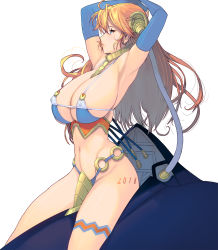 Rule 34 | 1girl, 2018, ahoge, armpits, arms up, bikini, blonde hair, blue bikini, blue eyes, blue gloves, blush, breasts, cable, cleavage, covered erect nipples, elbow gloves, gloves, highres, huge breasts, kouno (masao), long hair, navel, original, simple background, solo, swimsuit, white background