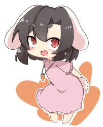 Rule 34 | 1girl, :d, animal ears, arms behind back, barefoot, black hair, carrot necklace, dress, floppy ears, full body, highres, inaba tewi, jewelry, looking at viewer, necklace, ooyama bokuchi, open mouth, outline, pink dress, rabbit ears, rabbit tail, red eyes, short eyebrows, short hair, smile, solo, tail, touhou, white outline