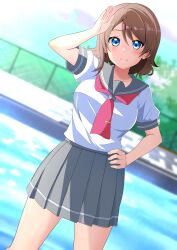 Rule 34 | 1girl, absurdres, blue eyes, blush, breasts, brown hair, commentary request, commission, grey sailor collar, grey skirt, hand on own hip, highres, kisaragi setsu (mssk8485), light blush, looking at viewer, love live!, love live! sunshine!!, medium breasts, necktie, pixiv commission, pleated skirt, pool, red necktie, sailor collar, salute, school uniform, serafuku, shirt, short hair, short sleeves, skirt, smile, solo, tie clip, uranohoshi school uniform, watanabe you, white shirt