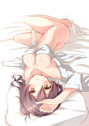 Rule 34 | 10s, 1girl, bed sheet, blush, breasts, brown eyes, brown hair, cleavage, ging1993, kaga (kancolle), kantai collection, long hair, looking at viewer, looking back, lying, nude, on back, pillow, purple hair, side ponytail, solo, upside-down