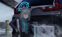 Rule 34 | 1girl, 3v ju, absurdres, animal ears, assault rifle, blazer, blue archive, blue eyes, blue scarf, car, commentary request, gun, hair between eyes, hair ornament, hairpin, halo, heterochromia, highres, holding, holding gun, holding weapon, honda cr-v, jacket, long sleeves, looking afar, looking away, motor vehicle, necktie, rifle, scarf, school uniform, shiroko (blue archive), short hair, sidelocks, sig sauer 556, solo, sports utility vehicle, suitcase, taking cover, weapon, wolf ears